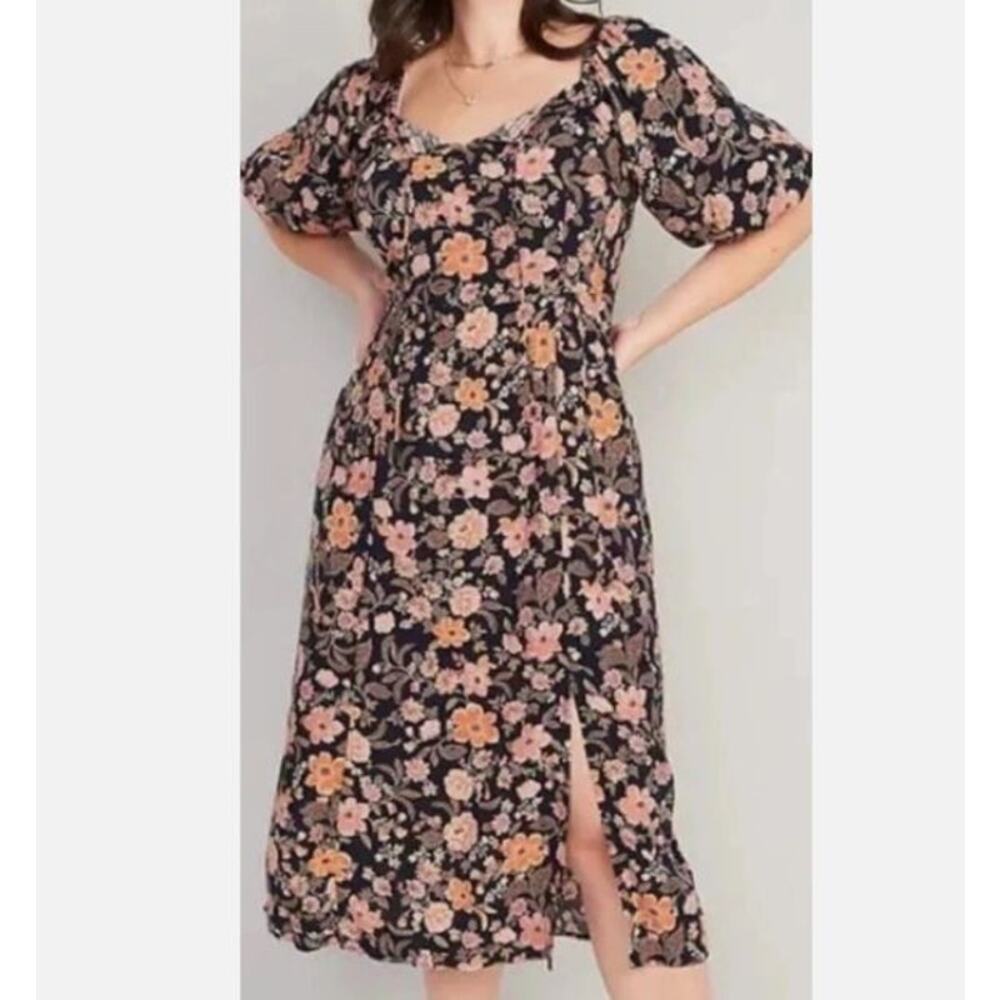 Old Navy Women's Plus Sz 3X Navy Floral Puff Sleeve Midi Dress Milkmaid Cottage